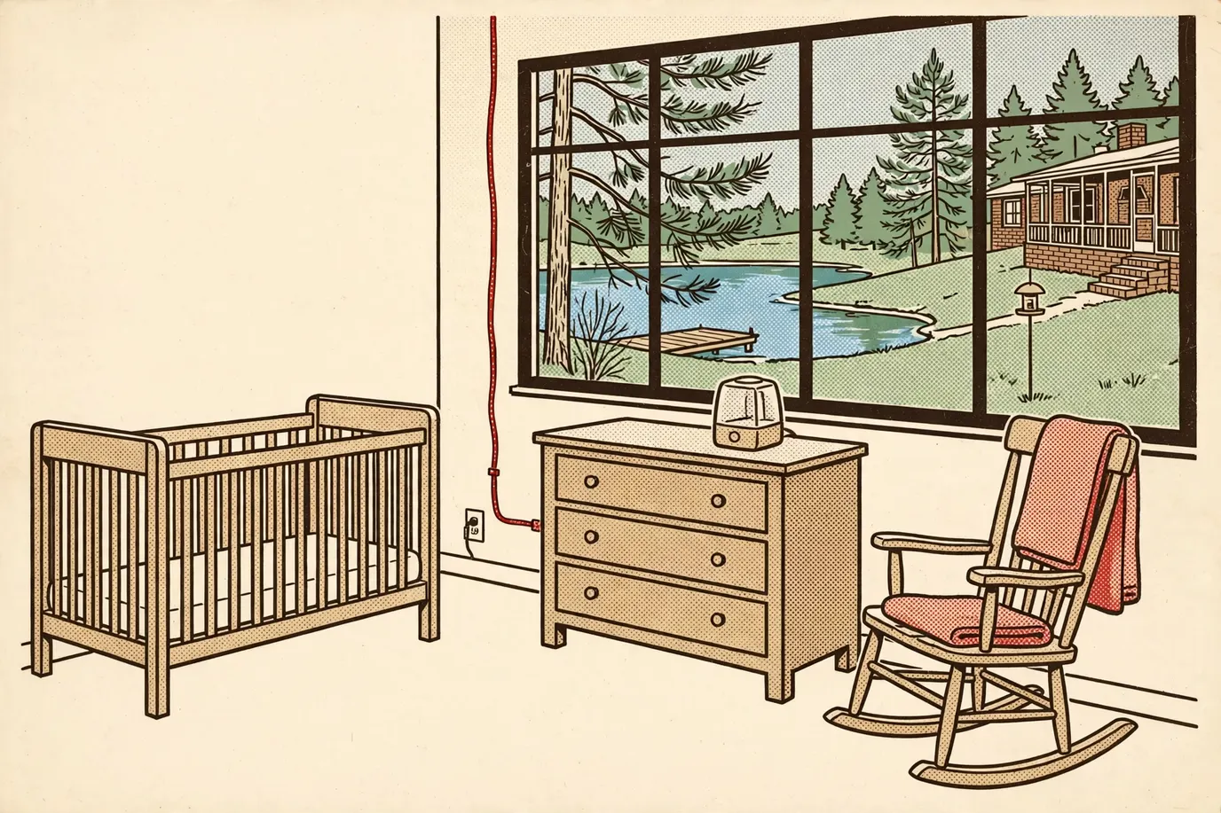A small cool-mist humidifier on a dresser across the nursery from an empty crib, with its cord run along the wall