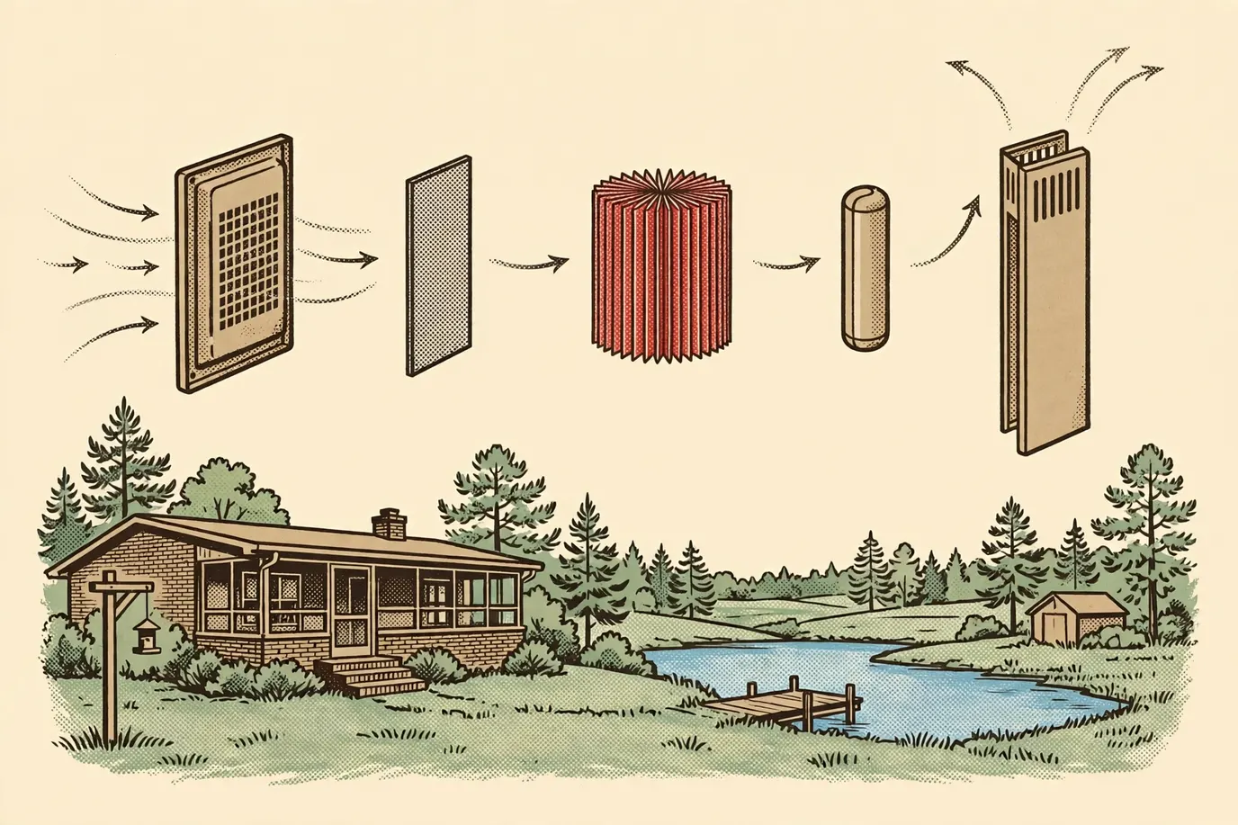 Exploded diagram of a tower air purifier showing a carbon pre-filter, a pleated filter and a small lamp inside