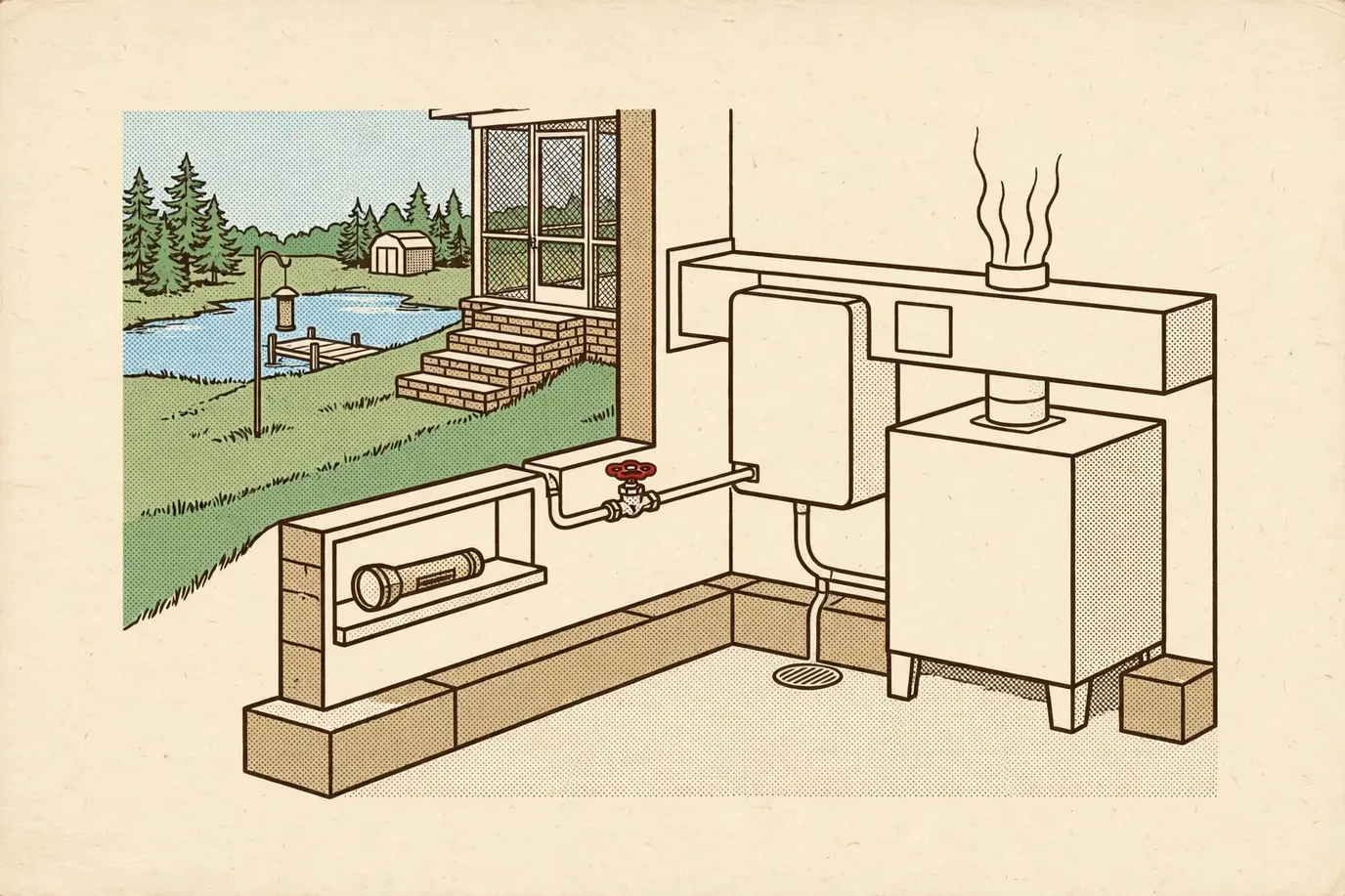 A whole-house humidifier mounted on furnace ductwork in a basement, with a water line, shutoff valve and drain line