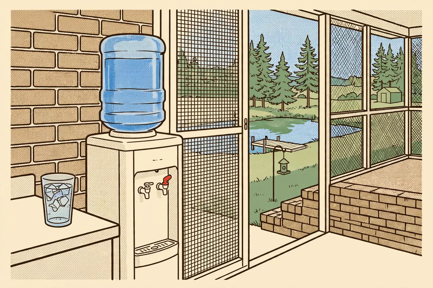 A floor-standing top-load water cooler with a 5-gallon bottle in a kitchen by the porch door