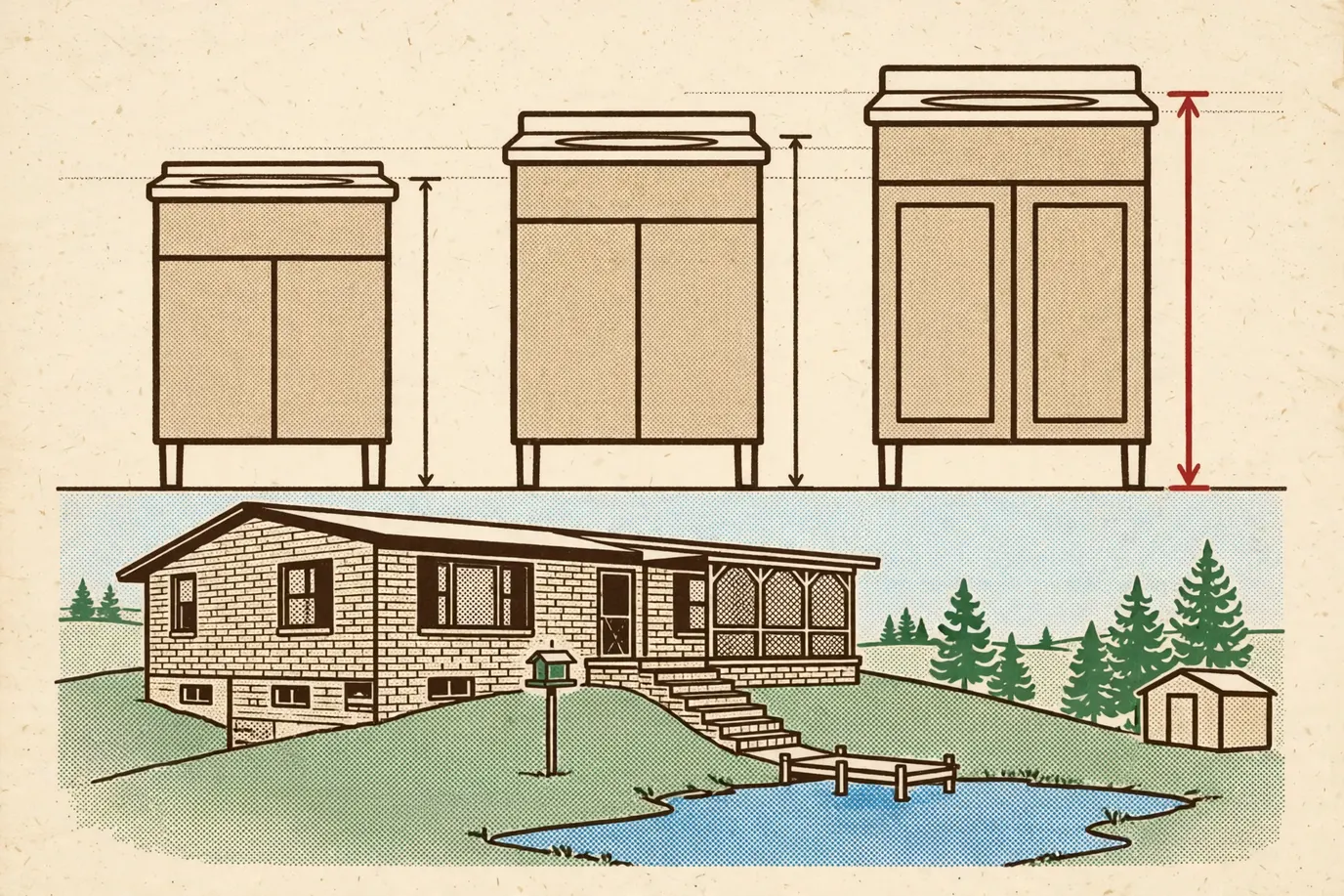 Diagram of three bathroom vanities at different counter heights, measured from the floor