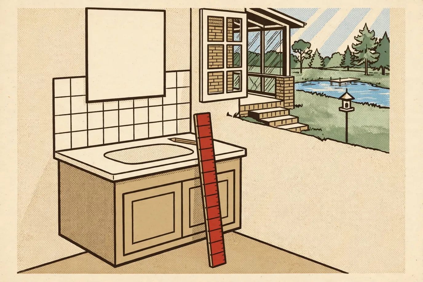 A folding rule standing from the floor to the top of a bathroom vanity in a small 1960s bathroom