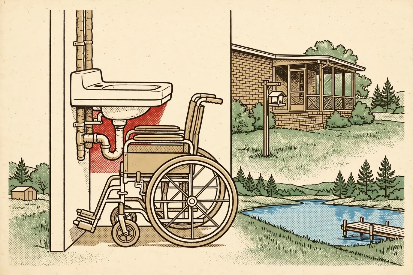 Diagram of an accessible bathroom sink with open knee and toe space and an empty wheelchair pulled up under it