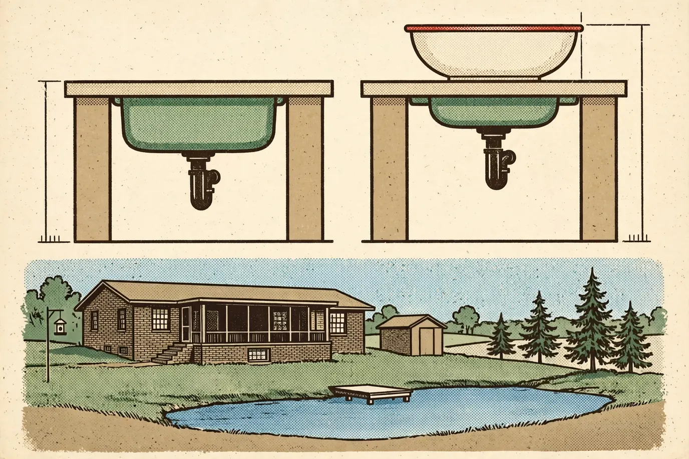 Diagram comparing an undermount sink and a vessel sink at the same counter height, showing the vessel rim sits higher