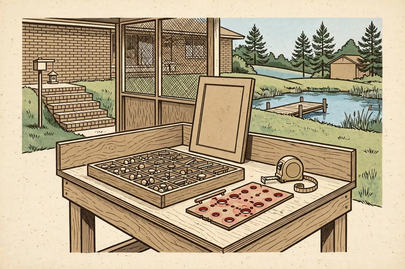 A workbench tray of assorted cabinet knobs and pulls beside a cardboard drilling template and a tape measure