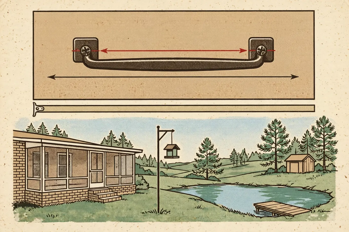 Diagram of a cabinet pull showing the center-to-center distance between screw holes and the longer overall length
