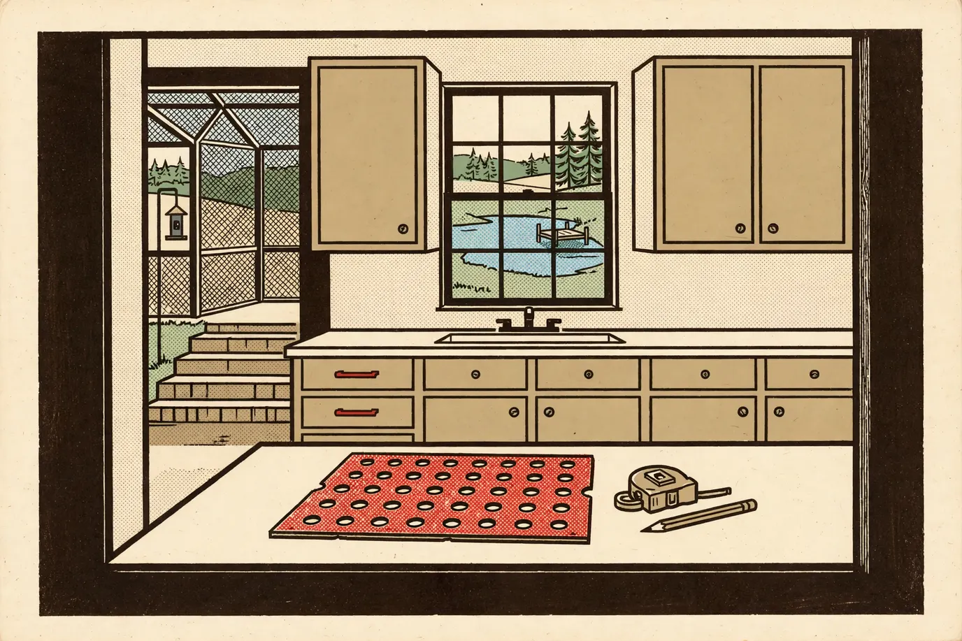 Kitchen cabinets with knobs and bar pulls, a cardboard drilling template, a tape measure and a pencil on the counter