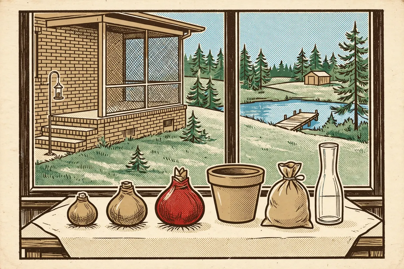 Three amaryllis bulbs lined up by size on a kitchen table next to a clay pot and a glass forcing vase