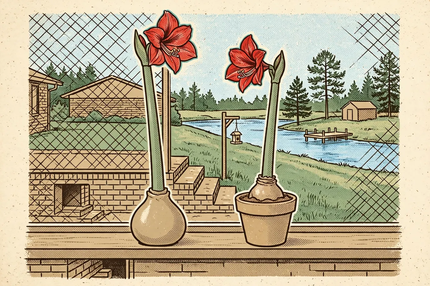 A waxed amaryllis bulb and a potted amaryllis bulb blooming side by side on a sunny windowsill