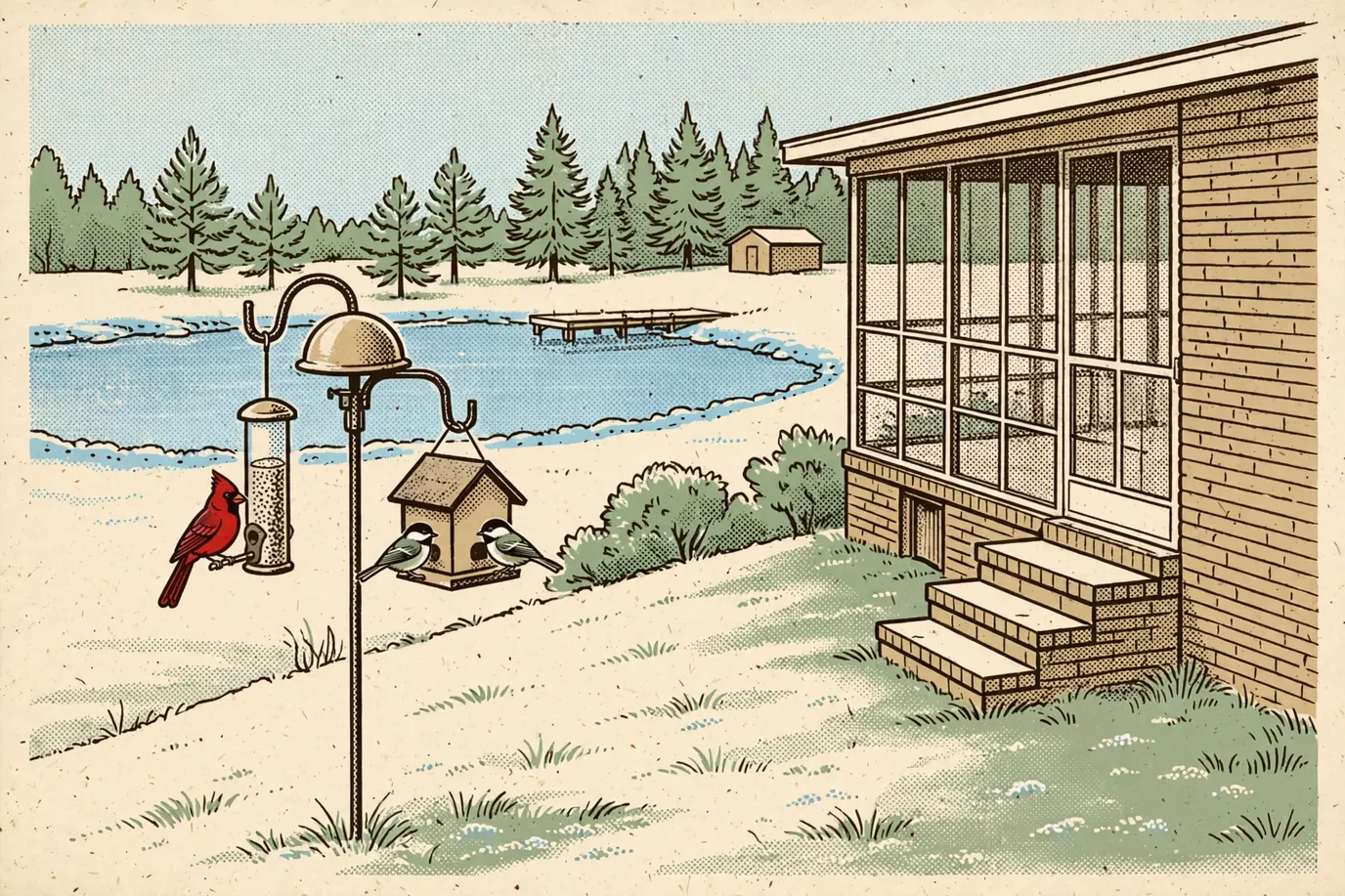 A feeder pole with a tube feeder and a hopper feeder in a winter yard by porch steps, with a cardinal and chickadees