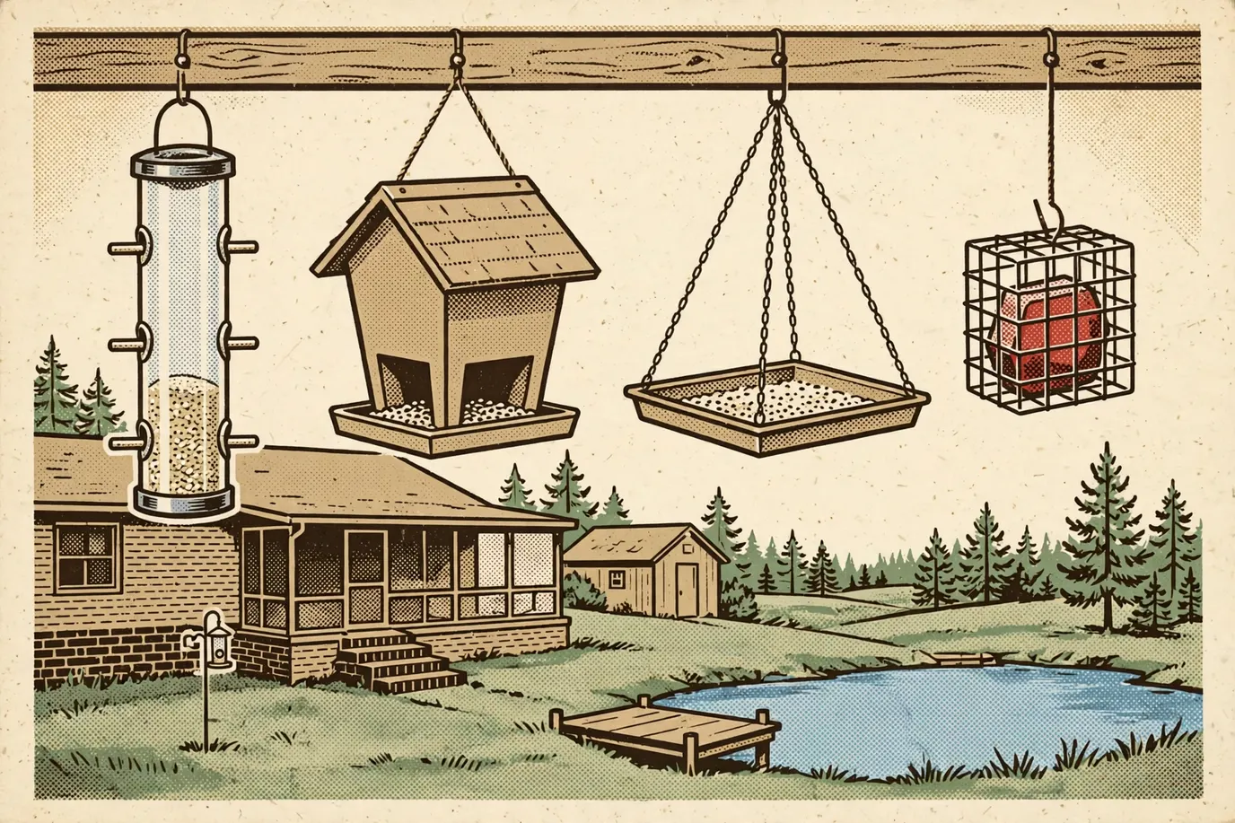 Four feeder styles hanging in a row: a tube feeder, a hopper, a platform tray and a suet cage