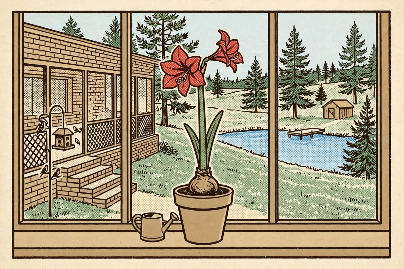 A red amaryllis blooming in a clay pot on a sunny kitchen windowsill above a frosty yard and pond