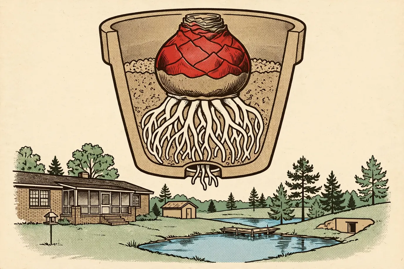 Cross-section of a pot with an amaryllis bulb planted so its top half sits above the soil