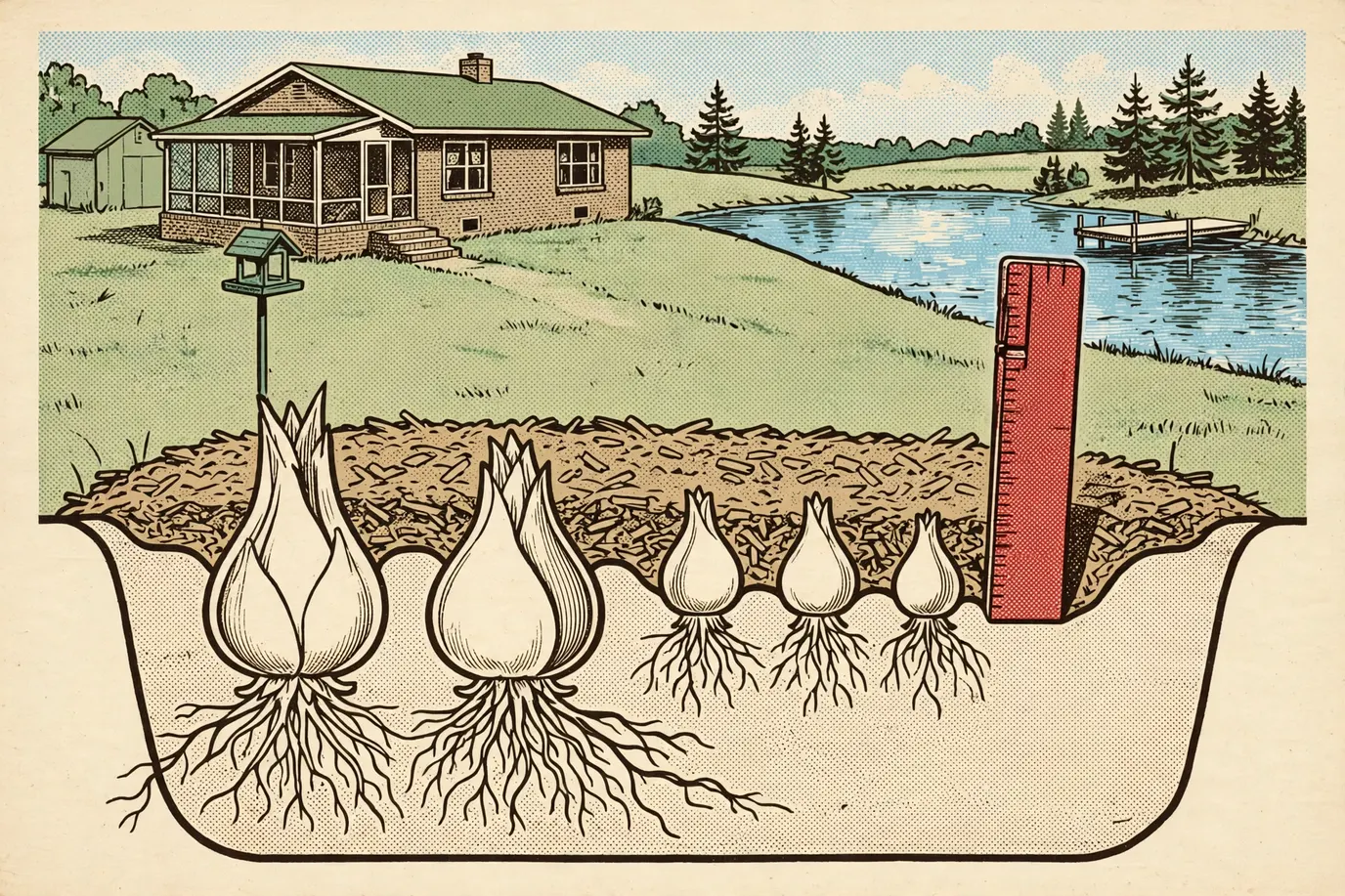 Cross-section of a garden bed showing large tulip bulbs planted deeper than small species tulips