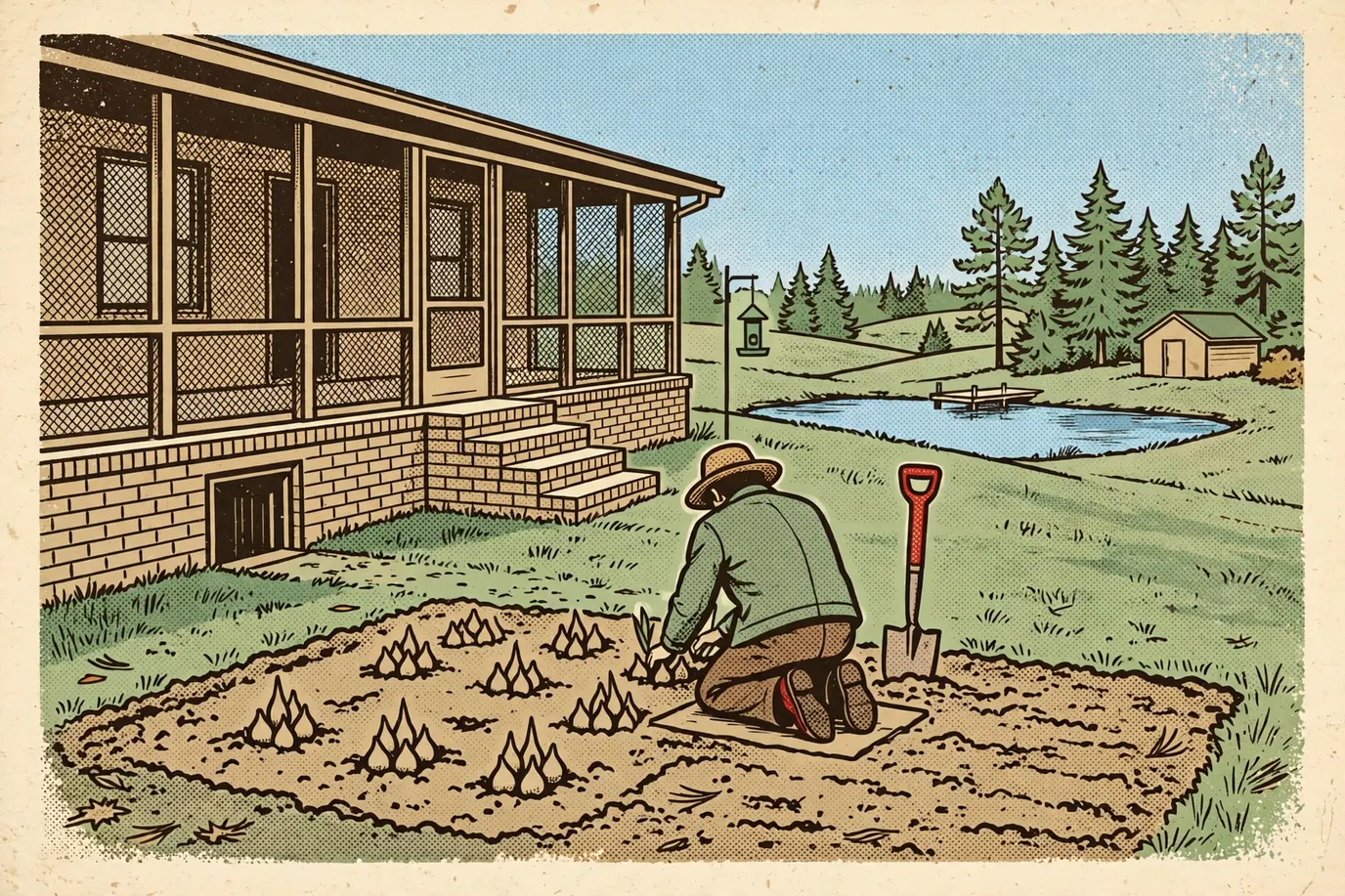 A gardener seen from behind setting tulip bulbs into a loosened bed beside a brick house in autumn