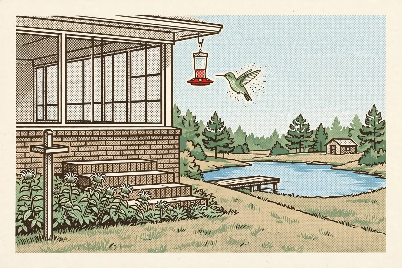 A hanging hummingbird feeder under a porch eave with one hummingbird hovering at a port above a flower bed