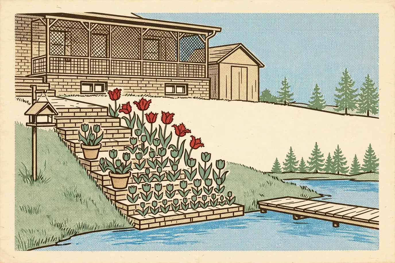 A spring bed of tulips in three heights along brick porch steps, with potted tulips on the steps