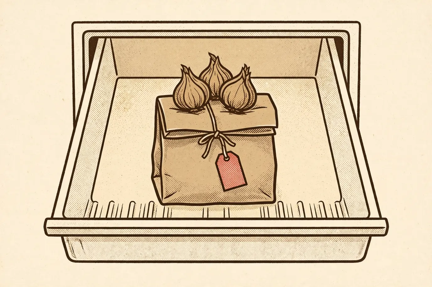A paper bag of tulip bulbs chilling alone in a refrigerator crisper drawer