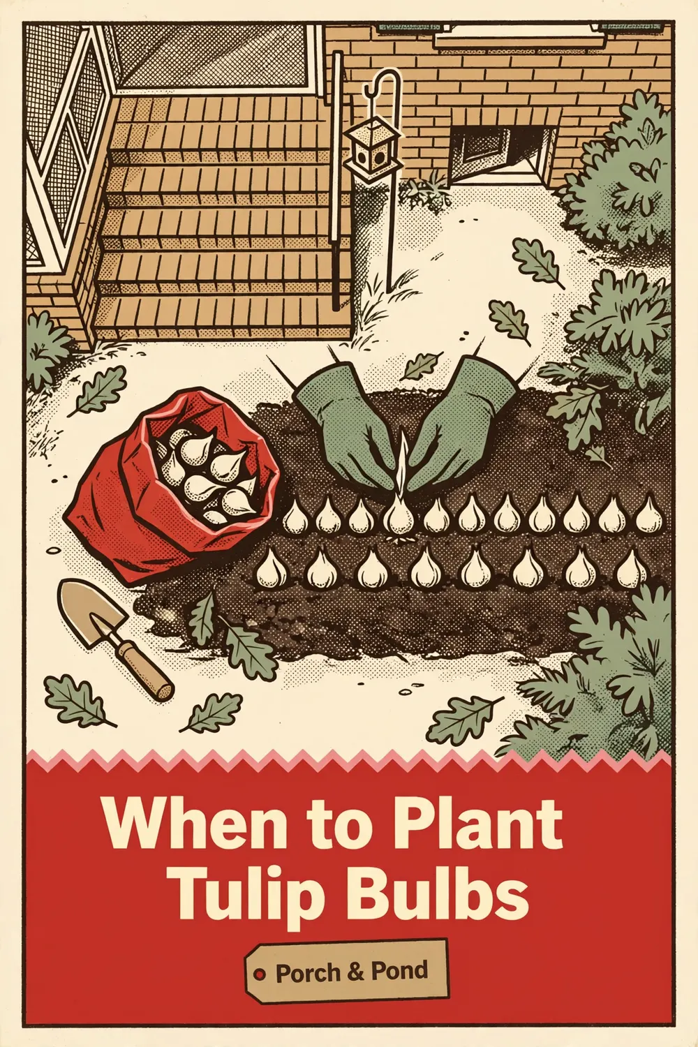 Pinterest pin: hands planting tulip bulbs in an autumn bed, with the headline When to Plant Tulip Bulbs