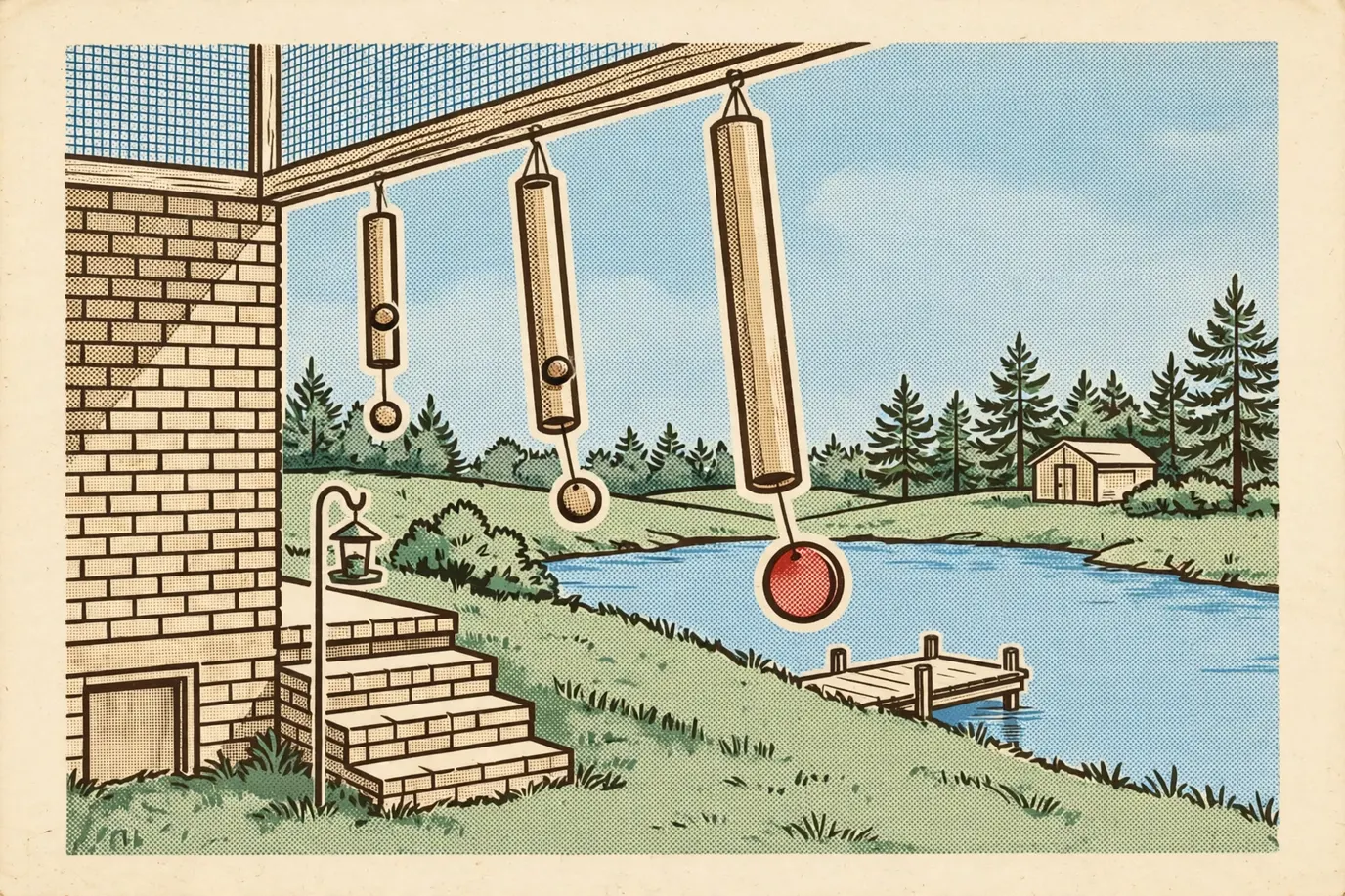 Three wind chimes of different lengths hanging from a porch beam above a lawn and farm pond