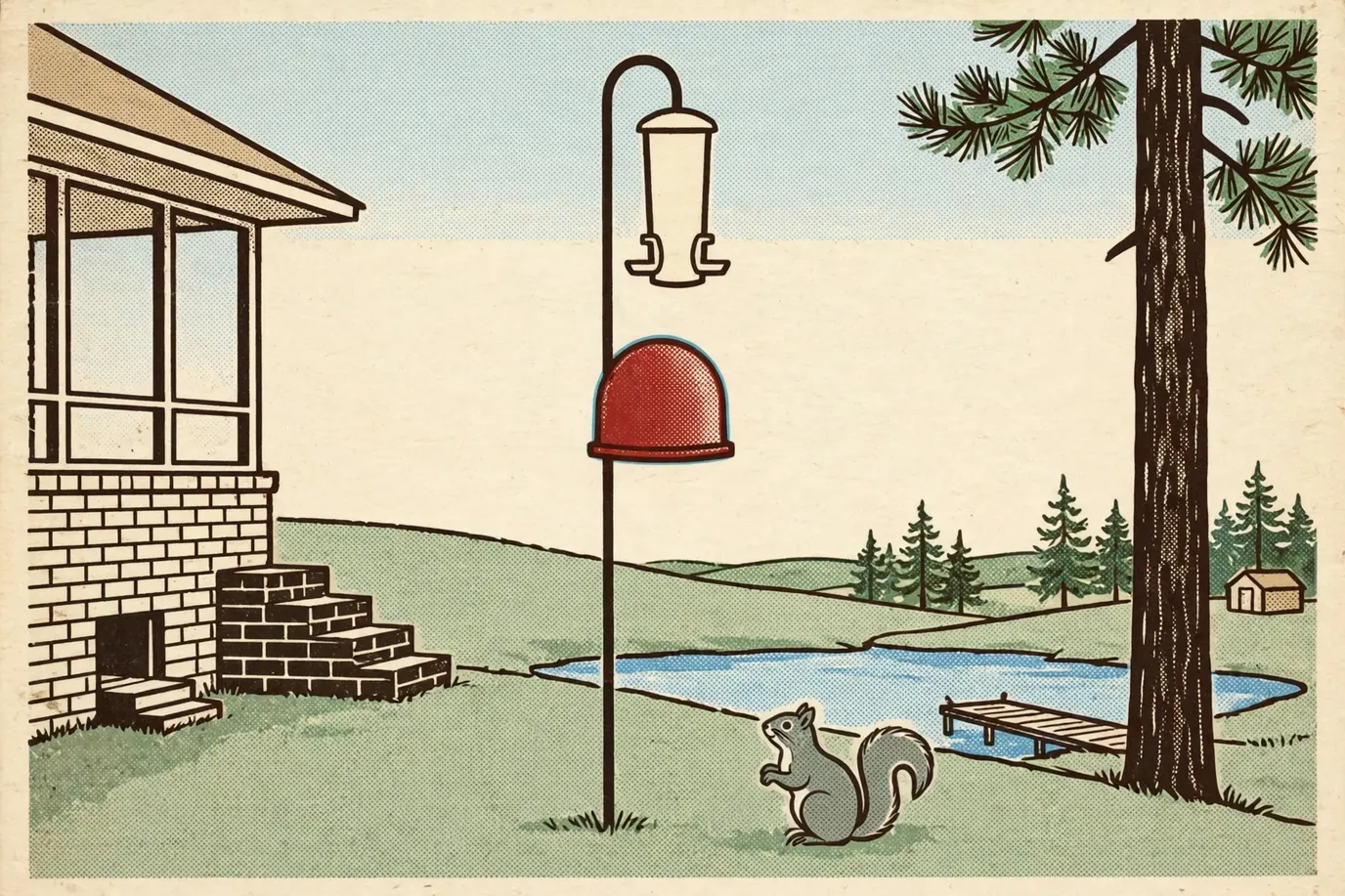 Diagram of a feeder pole with a dome baffle standing in open lawn, well away from the porch roof and a tree, with a squirrel looking up