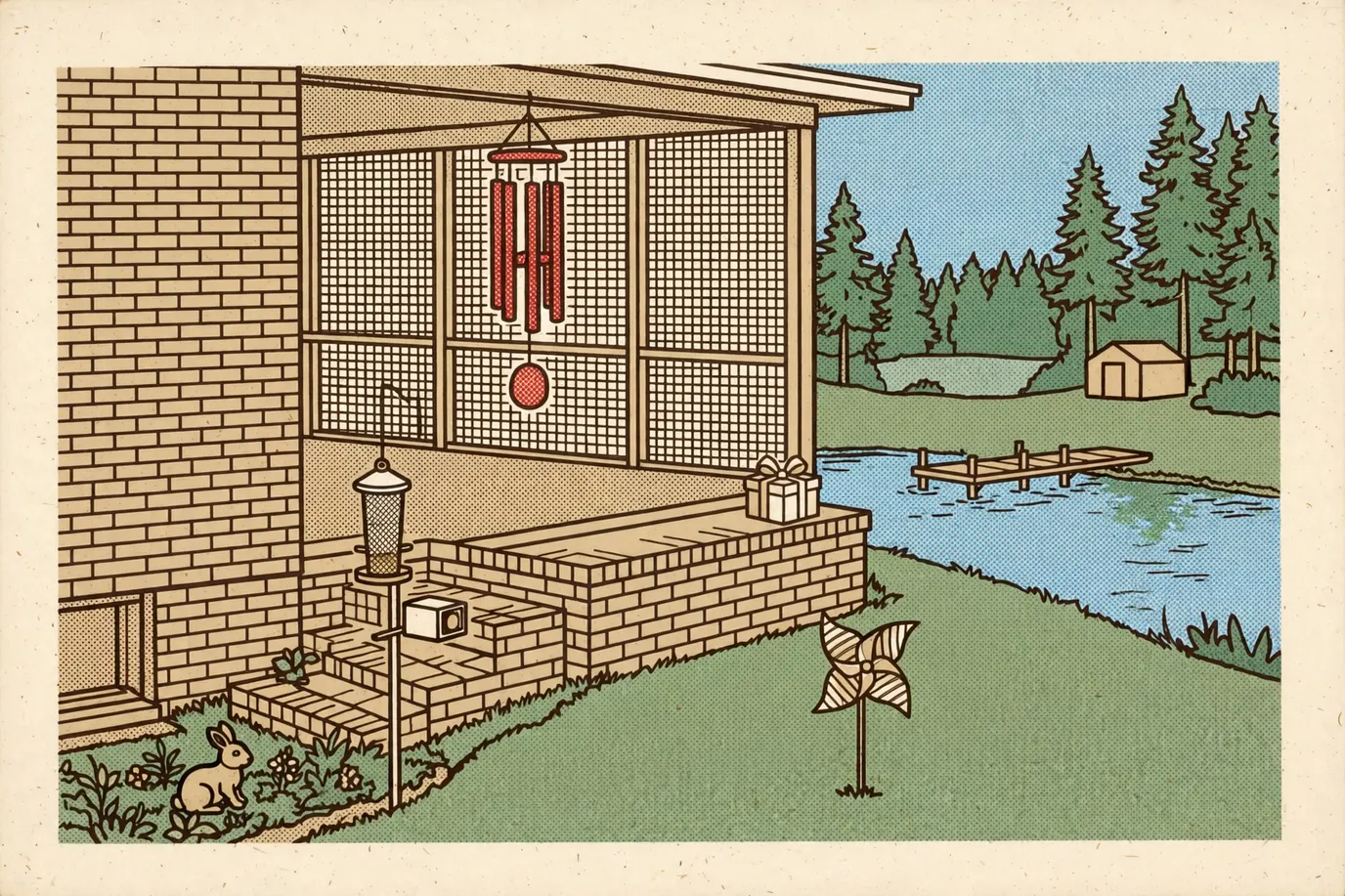 A porch with a wind chime, a camera bird feeder on a pole, a small garden statue, a wind spinner and a gift box on the steps