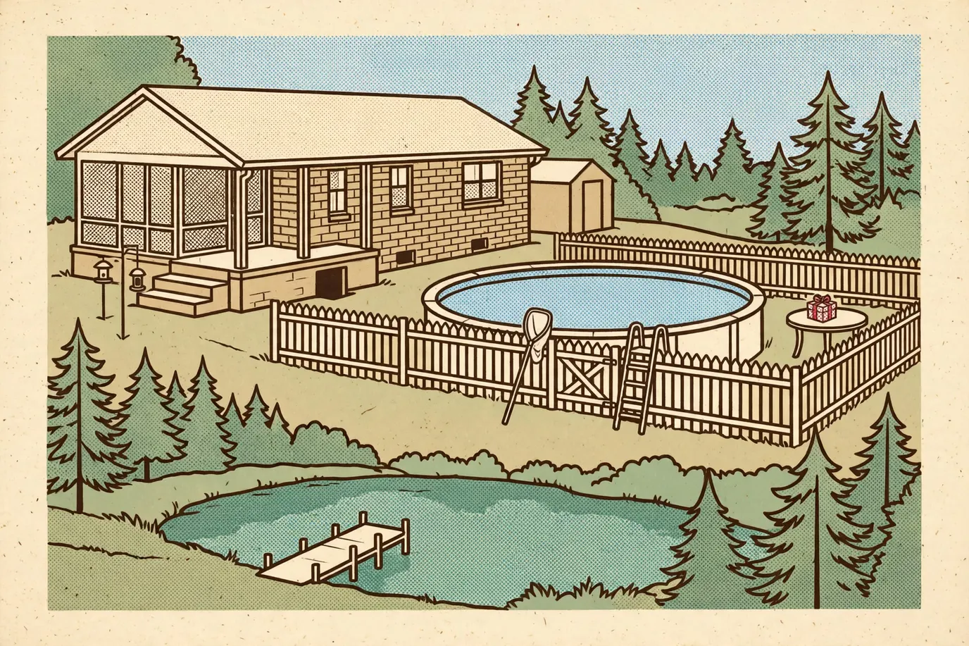 An above-ground pool behind a fence with a closed gate, the ladder set aside, a skimmer net and a gift box on a patio table