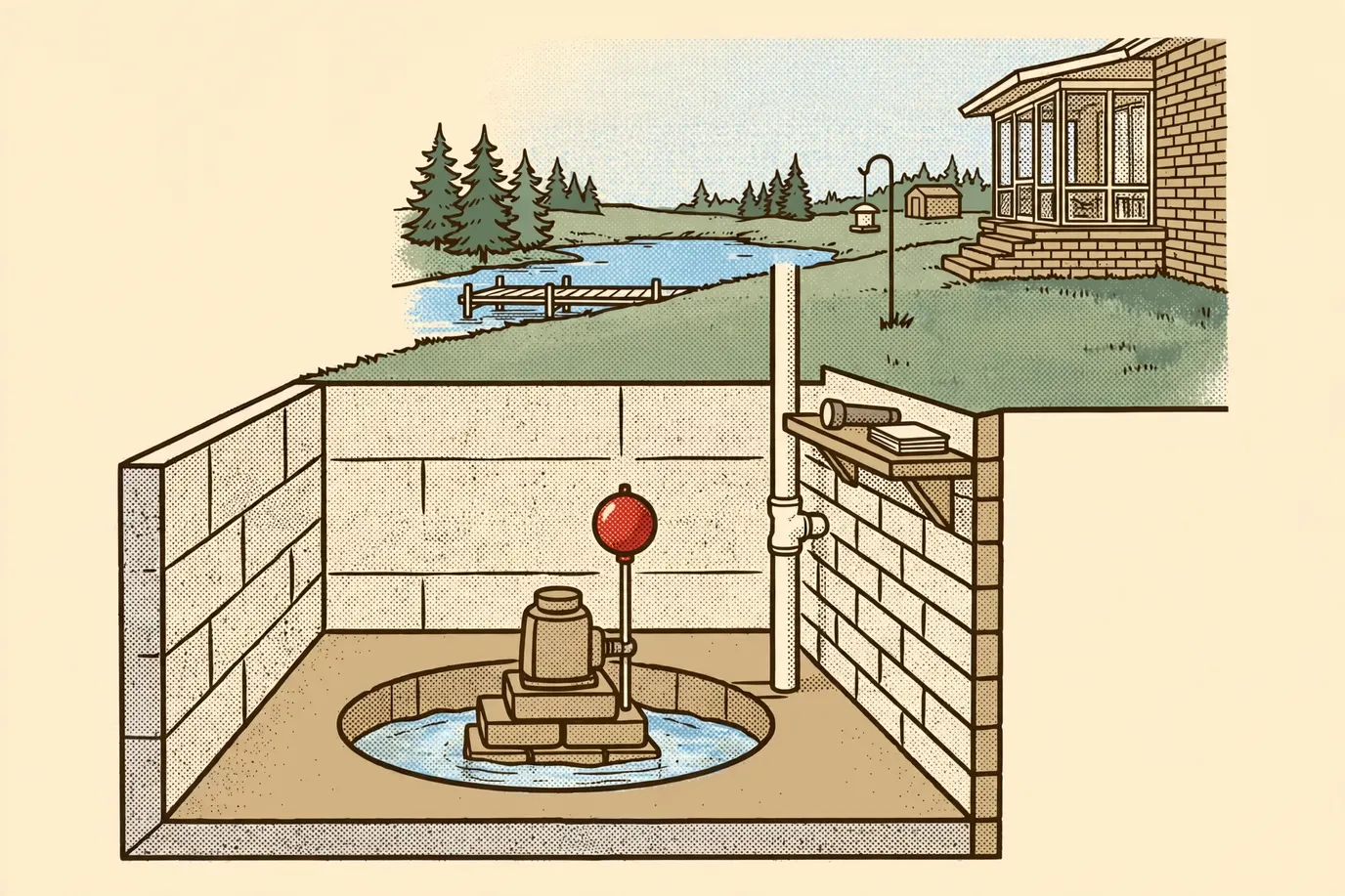 Cross-section of a basement sump pit with a submersible pump, vertical float and discharge pipe rising up the wall