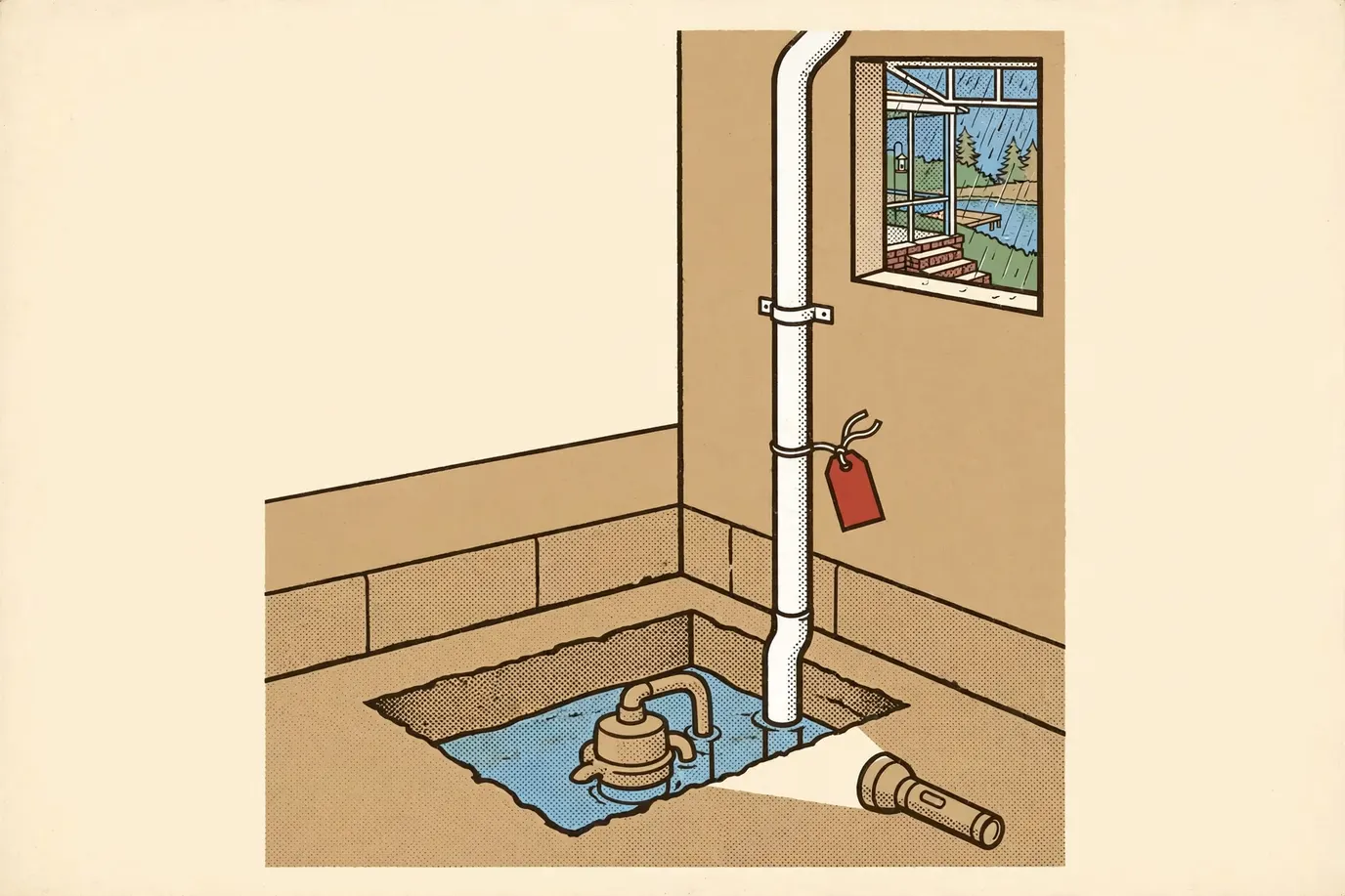 An open basement sump pit with a pump inside and a blank date tag tied to the discharge pipe on a rainy evening