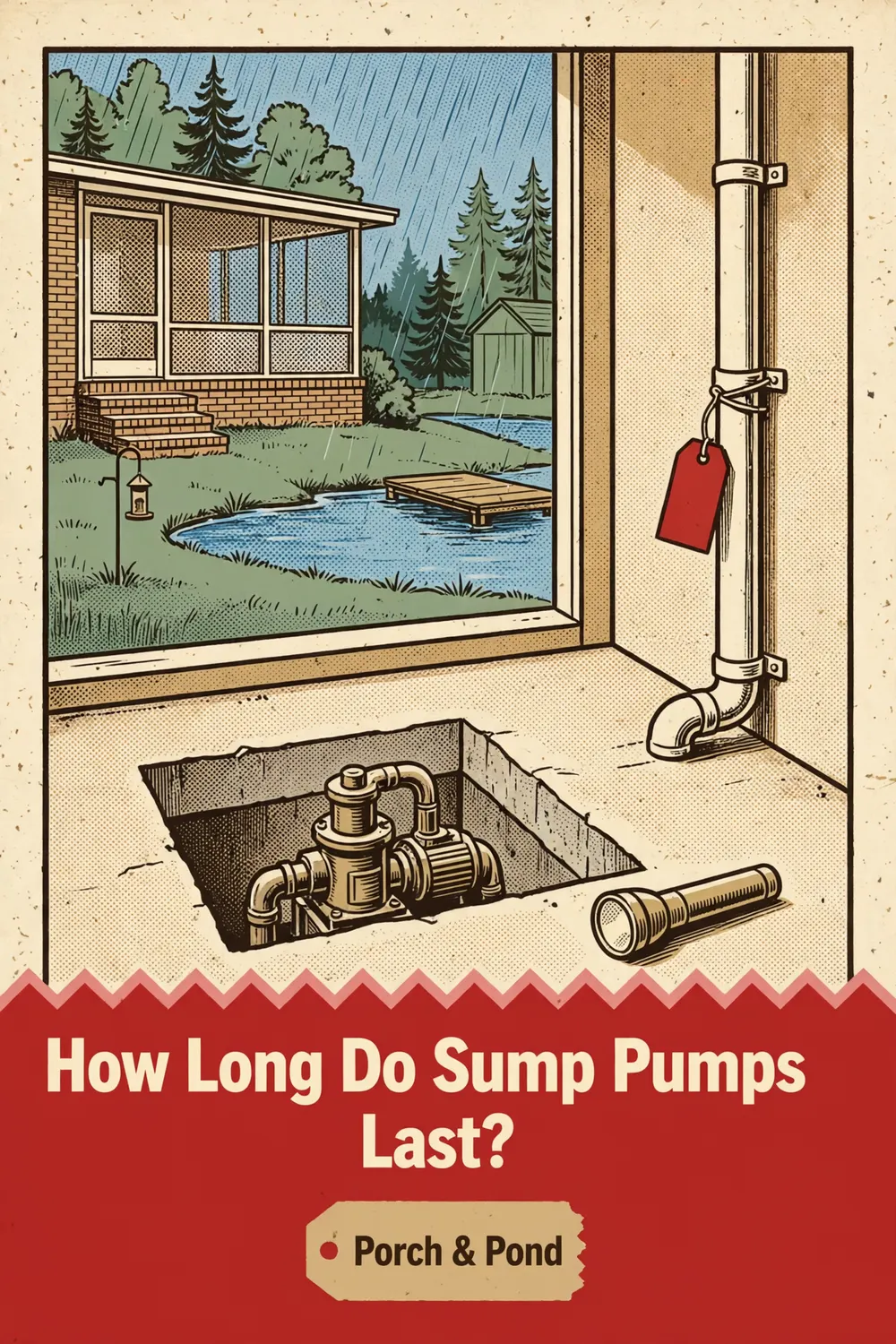 Pinterest pin: an open sump pit with a tagged discharge pipe, with the headline How Long Do Sump Pumps Last?
