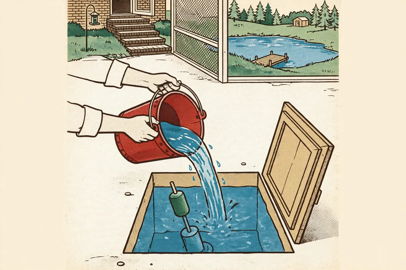 Hands pouring a bucket of water into a sump pit to check that the pump turns on