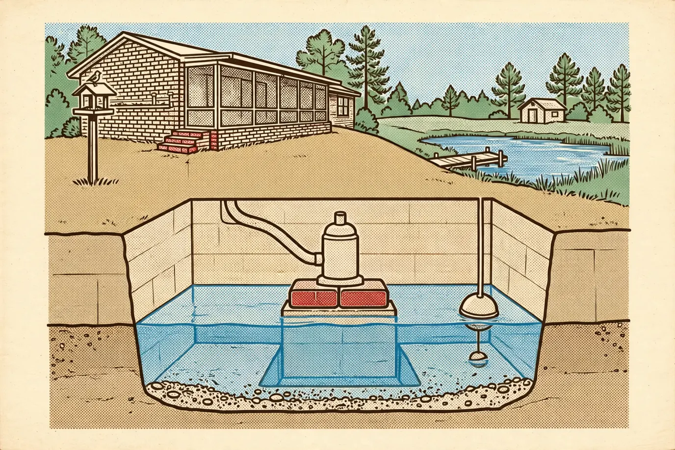 Diagram of a sump pump raised on bricks so debris on the pit floor stays below the intake