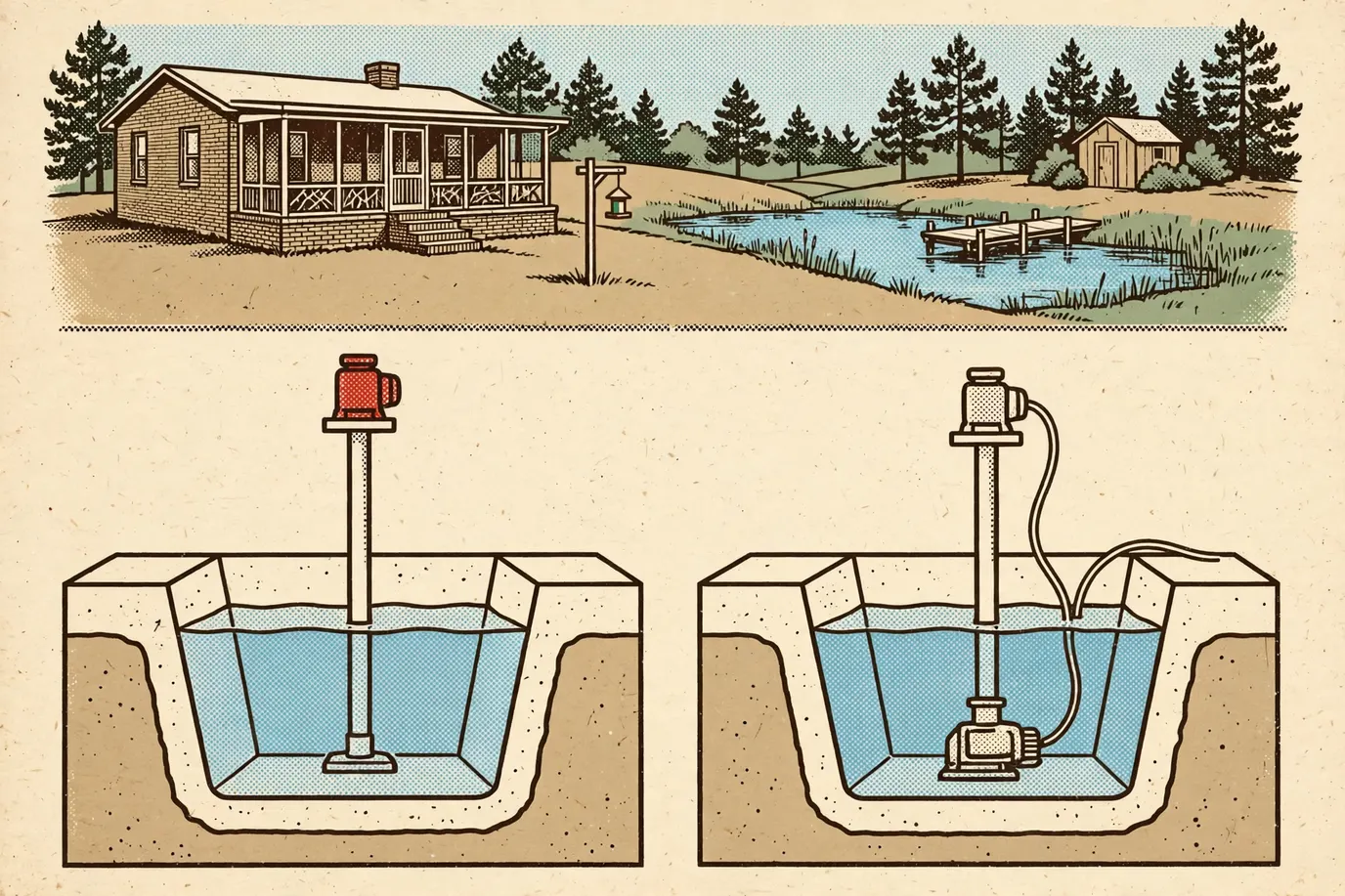 Side-by-side diagram of a pedestal sump pump with its motor above the pit and a submersible pump under water