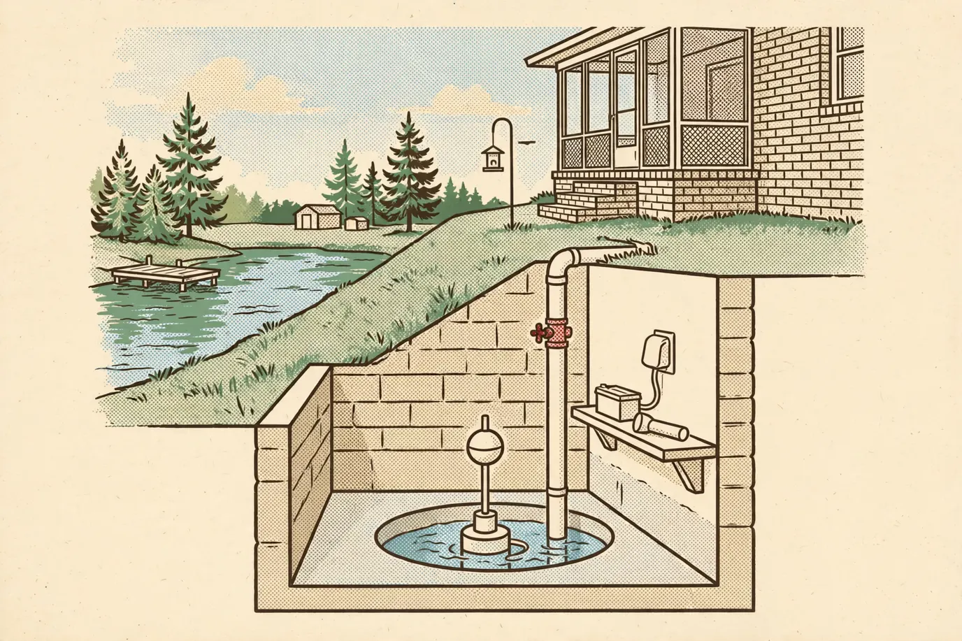 Cross-section of a basement sump pit with a submersible pump, float, discharge pipe with check valve and a backup battery on a shelf